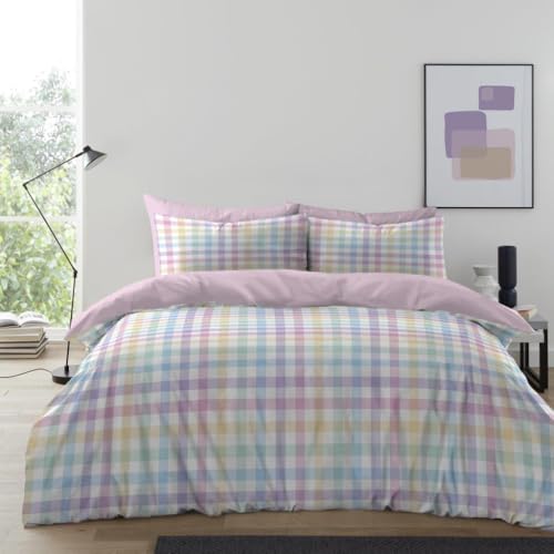 GC GAVENO CAVAILIA Gingham Check Double Duvet Set - Microfiber Tartan Check Bedding Double Bed Set With Pillow Cases - Hypoallergenic & Machine Washable Reversible Quilt Covers Bed Set, Pastel