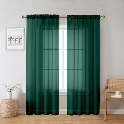 "Lecloud Hunter Green Sheer Curtains 78 Inches Long 2 Panels, Airy Voile Solid Curtains, Gauzy Stylish Aesthetic Windows Decor Drapes with Rod Pocket for Bedroom Living Room, Each 42"" W x 78"" L"