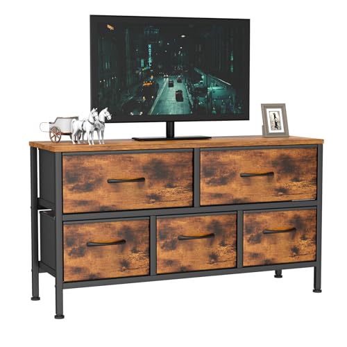 Feonase Bedroom Chest of Drawers, 5 Fabric Drawers Dresser with Metal Frame and MDF Top Board, Modern Storage Unit for Bedroom Living room, Entryway, Closet, Office, Rustic Brown