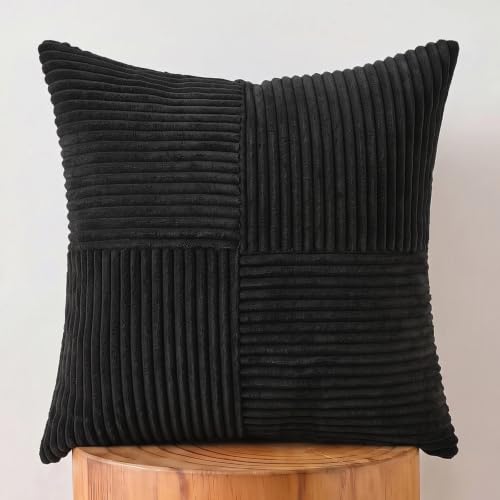 Fancy Homi Black Decorative Throw Pillow Covers 18x18 Inch for Living Room Couch Bed Sofa, Rustic Farmhouse Boho Home Decor, Soft Corss Corduroy Patchwork Textured Square Cushion Case 45x45 cm