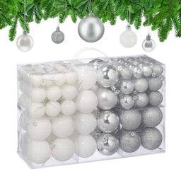 Relaxdays Christmas Baubles, Set of 100, Tree Ornaments, 3, 4 & 6 cm, Decorations, Glittery, Matte & Shiny, Silver/White