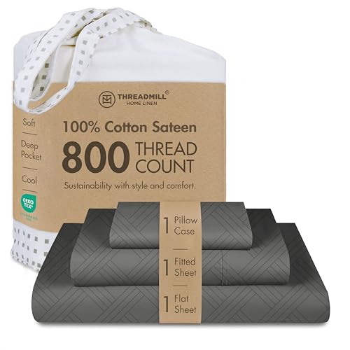 "Threadmill 800TC Cotton Twin Sheet Set, Jacquard Damask, Dark Grey, 3-Piece - 100% Cotton, Jacquard Damask Pattern, 3-Piece Set, 15"" Deep Pocket, All-Around Elastic, OEKO-TEX Certified, Machine Washable"