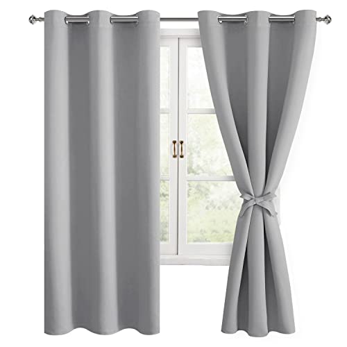 Hiasan Blackout Curtains for Bedroom and Living Room, Light Blocking, Noise Reducing Window Curtain Panels, Tiebacks Included, Set of 2, Grommet Top (Silver Grey, Width 42 Inch x Length 72 Inch)