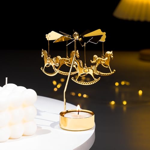 Toptime Tealight Holders, Rotary Candle Holders Carousel Themed, Gold Metal Carousel Candle Holder, Decorative Home Accessories for Table Centerpiece, Christmas, Valentine's Day