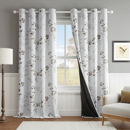Beauoop Floral 100% Blackout Curtains for Bedroom Tan Brown 52X96 2 Panels - Flower Patterned Brown White Room Darkening Drapes for Living Room Thermal Insulated Soundproof Window treatment Grommet