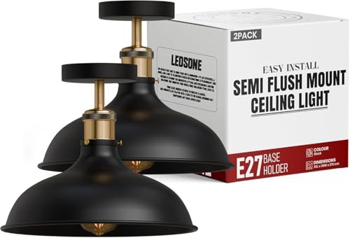 LEDSone Pack of 2 Flush Mount Lighting 36cm Black Metal Shade Large E27 Ceiling Lamp for Kitchen Dining Room Hallway Living Room Bulb Included