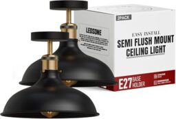 LEDSone Pack of 2 Industrial Semi Flush Mount Ceiling Light Metal 36cm Large Shade E27 Ceiling Lamp for Kitchen Bedroom Hallway Vintage Loft Ceiling Lighting Black with Bulb