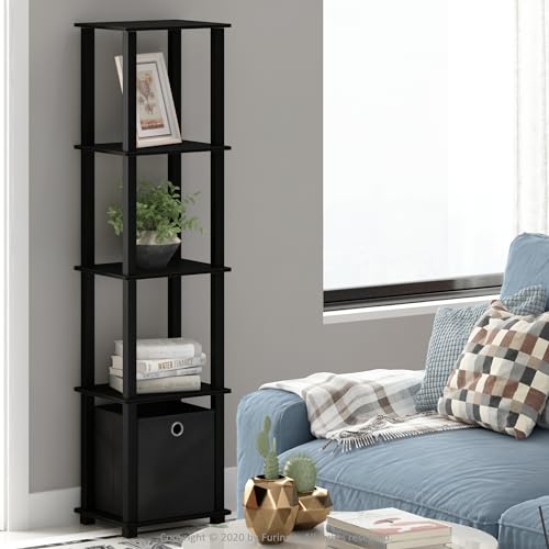 Furinno TURN-N-TUBE Book Shelf, 5-Tier Square Open Frame Display Shelf, Corner Storage Shelves with Storage Bin, Shelving Unit, for Organization and Storage, Living Room, Garage, Home Office, Black