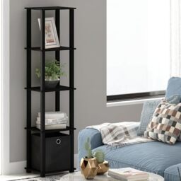 Furinno TURN-N-TUBE Book Shelf, 5-Tier Square Open Frame Display Shelf, Corner Storage Shelves with Storage Bin, Shelving Unit, for Organization and Storage, Living Room, Garage, Home Office, Black