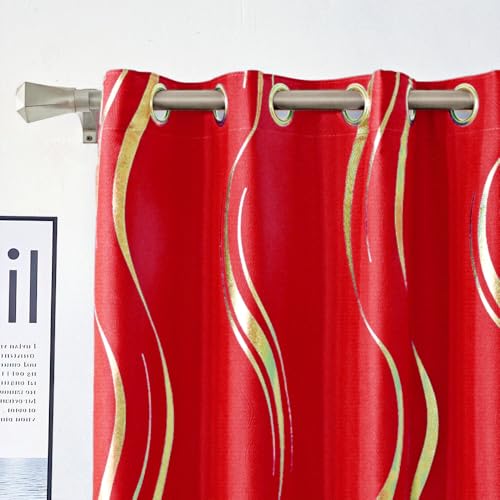MYRU Luxury Wave Striped Blackout Curtains - Gold Foil Design, Grommet Top, Thermal Insulated Window Drapes in Red and Gold, 2 Panels 54x102 Inch