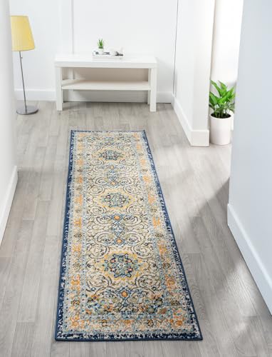 Rugs by Desire San Marino Modern Living Room Area Rug – Cut Pile Weaving - Jute Backing Abstract - Floral - Traditional Design Low Pile Rug, Multi Coloured, 60x220 cm
