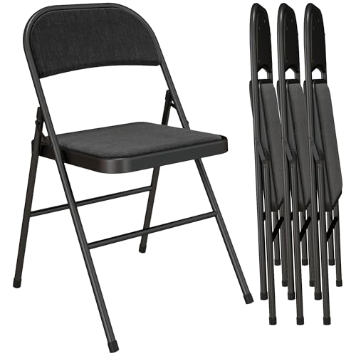 HOMCOM Padded Folding Chairs Set of 4 Linen-Look Foldable Chairs with Cushioned Seat and Metal Frame for Home Office Dining Computer Desk Reception Room Black