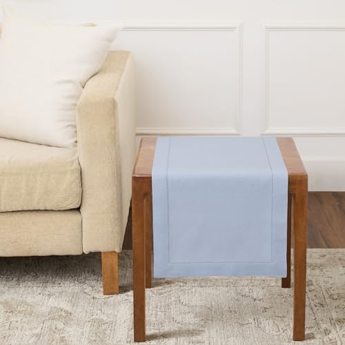 Solino Home Linen Sky Blue Table Runner 36 Inches - Classic Hemstitch, 100% Pure Linen Coffee Table Runner 14 x 36 Inch Ideal for Dresser Tables - Holiday