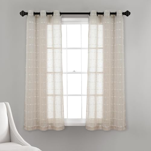 "Lush Decor Farmhouse Textured Grommet Sheer Window Curtain Panel Pair, 63"" L x 38"" W, Beige"