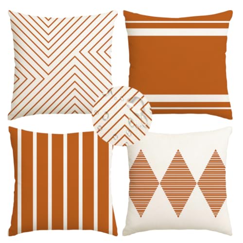 Outdoor Pillows Covers 18x18 Waterproof,Fall Orange and Beige Boho Set of 4 - Fall Outdoor Pillows for Covered Patio Furniture Couch Sunbrella,No Insert Just Covers,Fit 18x18 inch Inserts or Smaller