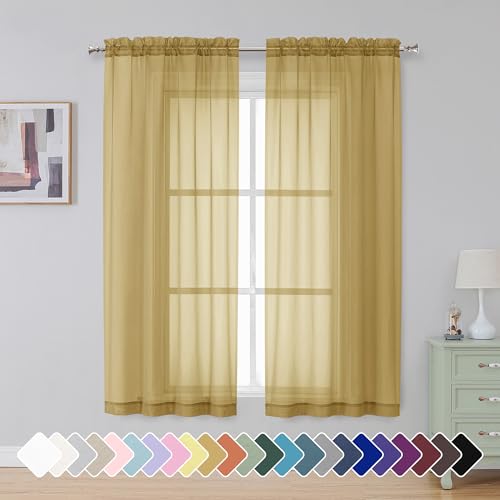 "Simplebrand Gold Sheer Curtains 63 Inch Length 2 Panels, Rod Pocket Solid Color Window Sheer Curtain Panels, Elegant Curtains & Drapes for Living Room, Bedroom 2 Panels (Gold, 42"" W x 63"" L)"