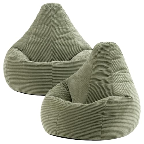 icon Dalton Cord Bean Bag Chair, Set of 2, Sage Green, Large Adult Bean Bag with Filling Included, Comfy Chair, Living Room Furniture, Bedroom Furniture