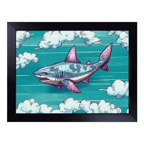 Lap Tray with Bean Bag Cushion, Shark - Handmade in the UK, Raised Wooden Edge, Padded Cushion, Heat-Resistant Wipe-Clean Surface, for Meals, Laptops and Crafts