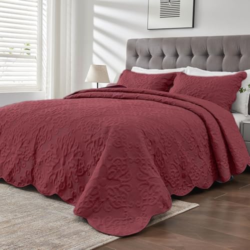Kingnex Oversized King Bedspreads 128x120 Extra Wide Quilt for Tall Bed Lightweight 3 Piece Quilted Coverlet Pillow Shams Set Burgundy