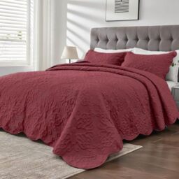 Kingnex Oversized King Bedspreads 128x120 Extra Wide Quilt for Tall Bed Lightweight 3 Piece Quilted Coverlet Pillow Shams Set Burgundy