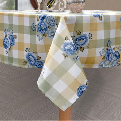 YEESSION Checkered Tablecloth Floral Print Rectangle 60 x 84 Inch Table Cover Stain Resistant and Waterproof Wine for Kitchen Dining Indoor Outdoor Buffet Tabletop Decoration (Green,Beige and White)