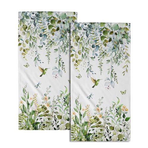 "Spring Eucalyptus Leaves Kitchen Towels 14""x28"" Set of 2 Green Botanical Humming Bird Decorative Soft Absorbent Hand Towels Summer Holiday Home Decor for Bathroom Gym Spa"