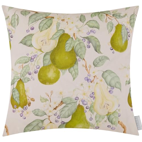 Voyage Maison Pear Orchard Feather Filled Cushion – Watercolour Pears Berries Cotton Blend Reversible Stripes (Green - 43x43cm)