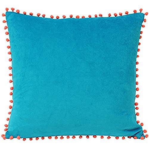 "Riva Paoletti Polyester Filled Cushion Blue-Faux Velvet Fabric-Contrasting Coral Orange Pompom Edges-Hidden Zip Closure-100% Soft (18"" X 18"" Inches), Cotton, Teal, 45 X 45Cm"
