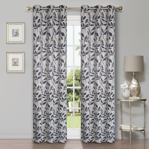 "Superior Blackout Curtains, Room Darkening Window Accent for Bedroom, Sun Blocking, Thermal, Modern Bohemian Curtains, Leaves Collection, Set of 2 Panels, 6 Grommets, 42"" x 63"", White-Navy Blue"