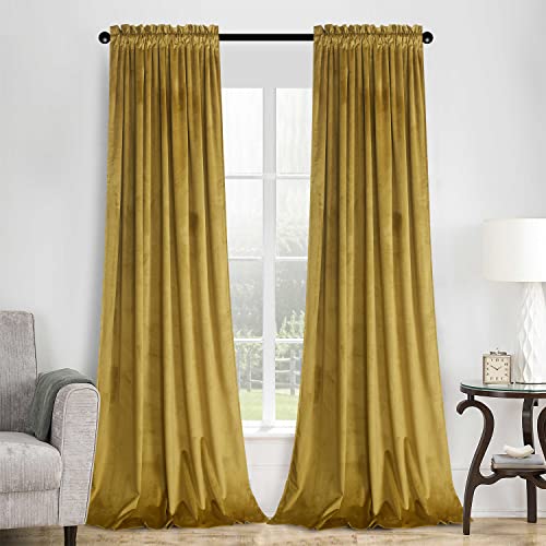 Roslynwood Velvet Gold Brown Curtain 120 inch Length - Curtains Block Light Rod Pocket Thermal Insulated Window Drapes Set for Living Room/Bedroom/Dining Room, W52 x L120, 2 Panels