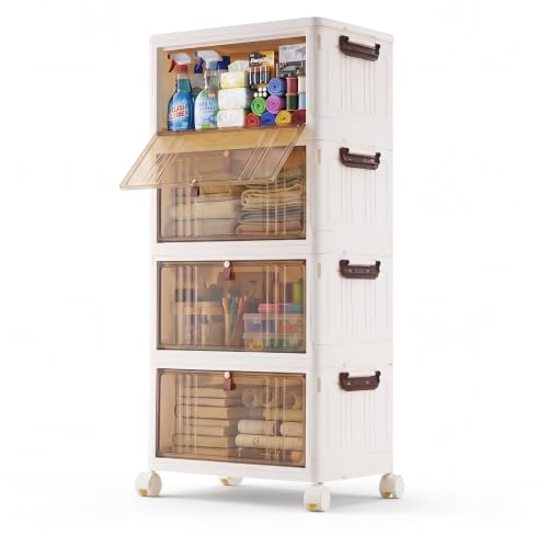 BARGAIN FACTORY 4-Tier Stackable Storage Boxes with Lids - Folding Plastic Storage Bins Unit on Wheels with Brakes, Clear Multi-Tier Organiser Drawers for Bedroom Bathroom Kitchen Office, 23L per Tier