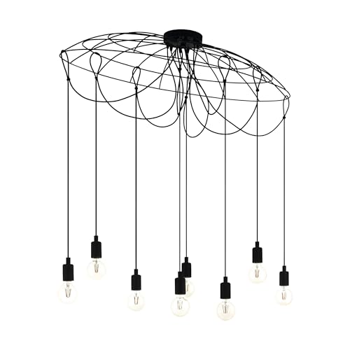 EGLO Hogsmill Pendant Light, 8-Bulb Pendant Lamp, Vintage, Industrial, Retro, Steel Pendant Light in Black, Dining Table Lamp, Living Room Lamp, Hanging with E27 Socket