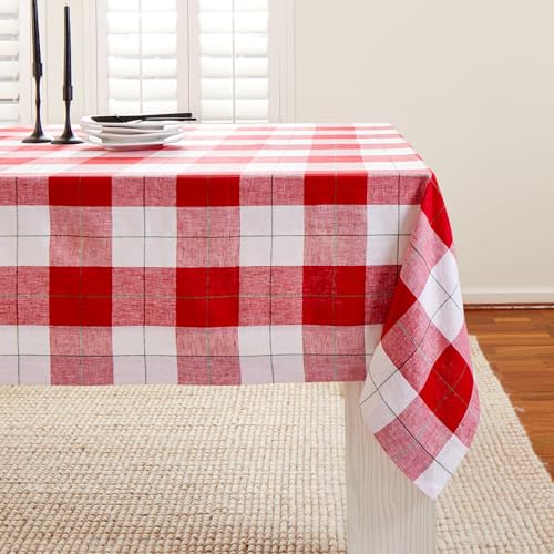 Solino Home Plaid Tablecloth 60 x 144 Inch - 100% Pure Linen Red and White Very Merry Tartan Plaid Table Cloth for Rectangle Tables - Machine Washable Tablecloth