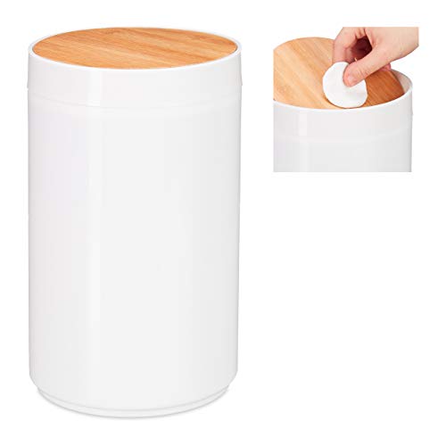 Relaxdays Sanitary Bin, Bamboo Swing Lid, Modern Bathroom Trash Can, Plastic, 5.5 L, H x D: 26.5 x 18 cm, White, 10027729_49