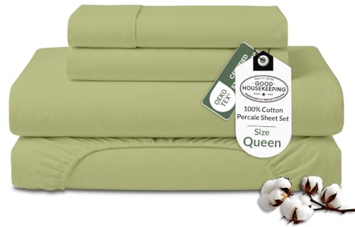 Royale Linens 100% Organic Cotton Queen Sheet Set - Percale Weave - 4 Pieces Set - 1 Flat, 1 Deep Pocket Fitted Sheet and 2 Pillowcases - Sage Green Bed Sheets - S??banas Queen -Crisp Cool (Sage Green)