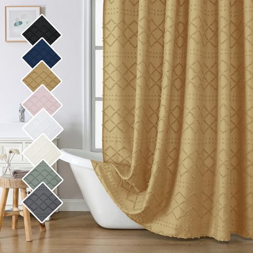 Lecloud Gold Fabric Shower Curtain, 72x72 Inches, Boho Striped Plaid, Unlined, Privacy, Machine Washable, Bathroom