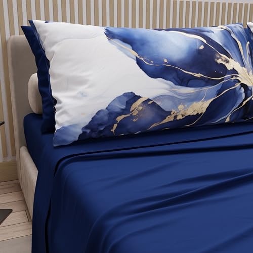 PETTI Artigiani Italiani - Cotton Sheets with Pillowcases in Digital Print, French Quarter Size, Top and Bottom Sheet Set with Corners, Marble 08 Electric Blue, 100% Made in Italy