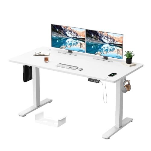 Homall Height Adjustable Electric Standing Desk 140x70cm Sit Stand Desk with USB Charging, Time Reminder, 3 Memory Settings, Wire Management Tray, White