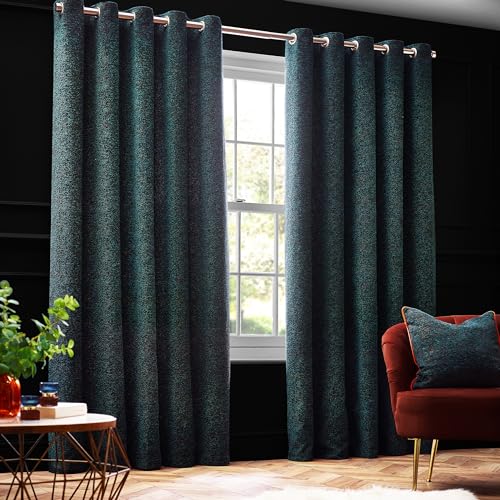 Paoletti Galaxy Eyelet Curtain Pair – Lined Room Darkening Luxury Opulent Chenille Curtains (Emerald - 168x229cm)