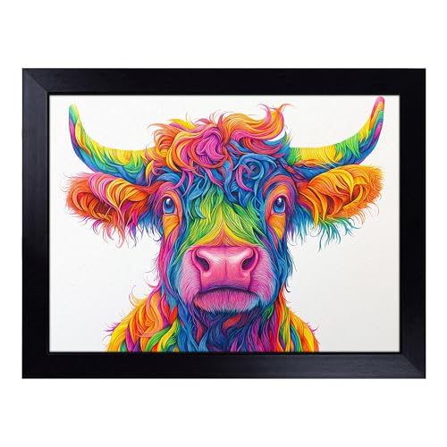 Lap Tray with Bean Bag Cushion, Highland Cow in Colour - Handmade in the UK, Raised Wooden Edge, Padded Cushion, Heat-Resistant Wipe-Clean Surface, for Meals, Laptops and Crafts
