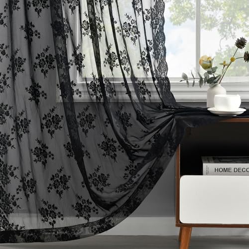 Kotile Black Lace Curtains 84 Inches Long 2 Panels, Country Rustic Floral Gothic Sheer Lace Curtains for Living Room, Rod Pocket Vintage Privacy Black Sheer Curtains, 42 x 84 Inch, 1 Pair