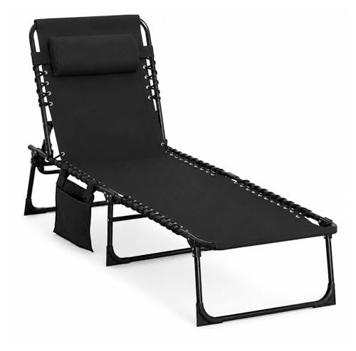 Folding Sun Lounger Outdoor Sunbed Portable, 5-Position Adjustable Backrest with Pillow, Side Pocket Garden Recliner Chair, 600 D Oxford Fabric Seat for Deck, Patio, Poolside, Beach, Camping Black