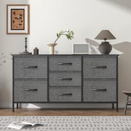 Feonase Chest of Drawers,Bedroom Dresser with 7 Fabric Drawers, Metal Frame & MDF Wood Top, Adjustable Feet, Storage Organizer Unit for Bedroom, Closet, Living Room, Office Hallway, Deep Grey