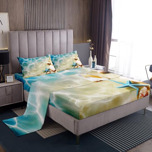 Erosebridal Ocean Bed Sheets Set King Beach Fitted Sheets Coastal Nature Theme Pattern Teal Flat Sheet Boys Girls Hawaiian Top Sheet Sea Wave Animals Starfish Sheet Set 2Pillow Cases, Blue Room Decor