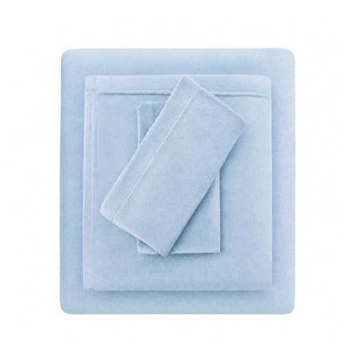 Viviland Plush Micro Fleece Queen Bed Sheet Set - Soft Fuzzy Polar Fleece Velour Velvet Sheets - Extra Warm Winter Fleece Bed Sheets with Deep Pocket - Light Blue - Queen