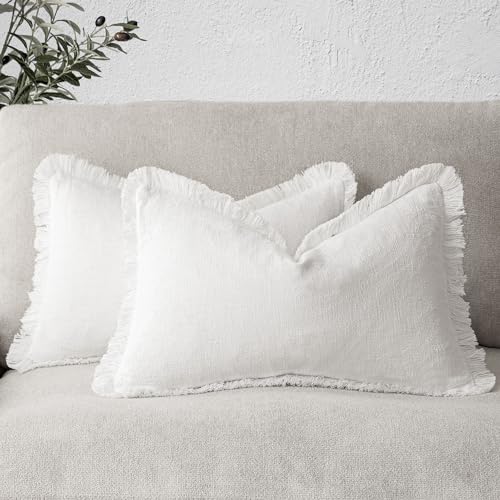 Foindtower Set of 2 Soft Decorative Linen Cushion Covers with Fringe, Boho Covers with Tassels for Lumbar Cushion for the Sofa, Living Room, Home Decor, 30 x 51 cm
