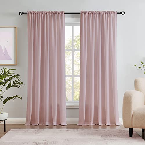 Melodieux Dusty Pink Velvety Semi Sheer Curtains 84 Inches Long for Bedroom, Living Room Natural Cotton Texture Rod Pocket Window Sheer Drapes, 52 by 84 Inch (2 Panels)