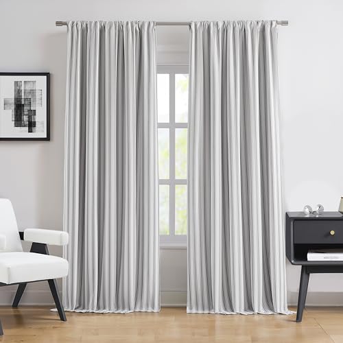 "ZJDECOR Black Stripe Full Blackout Curtain Panels 95 Inches Long,Woven Stripes on White Cotton Blended Drapes for Bedroom Living Room,Modern Window Treatment,Rod Pocket Back Tab,55"" Wx95 Lx2"