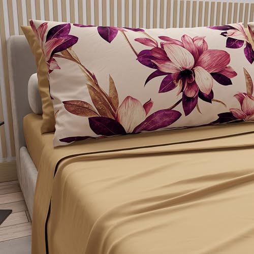 PETTI Artigiani Italiani - Cotton Sheets with Pillowcases in Digital Print, Double Sheet, Floral Pattern 7 Taupe, 100% Made in Italy
