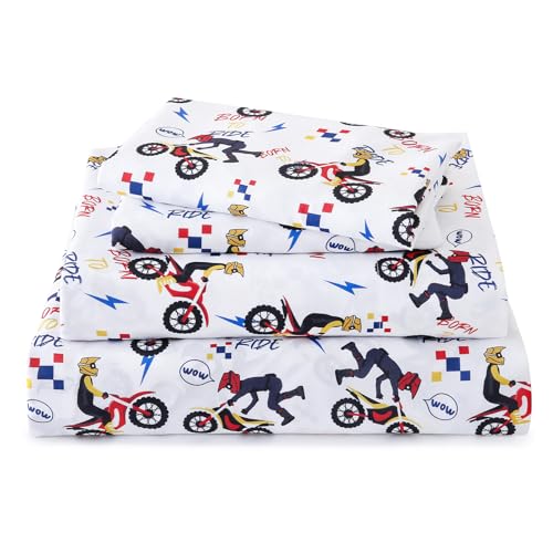 LONAVA Twin Sheet Set Kids - 3 Pieces Soft Microfiber Cartoon Style Bedsheets for Boys Girls Teens, Oeko TEX, Breathable Deep Pocket Sheets (Dirt Bike)